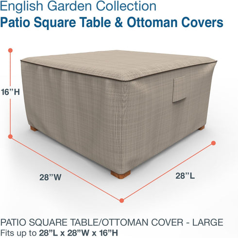 P4A01PM1 Budge English Garden Square Patio Table Cover / Ottoman Cover Heavy Duty and Waterproof, Large, Tan Tweed