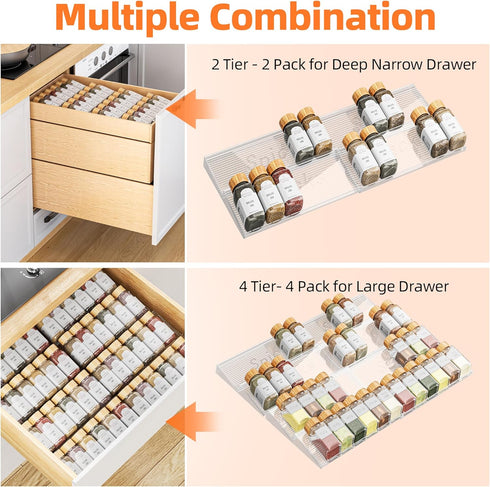 Spice Drawer Organizer, 2 Tier Clear Acrylic Storage, Expandable from 11'' to 22''