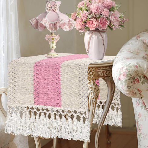 36 Inches yuboo Pastel Pink Spring Table Runner, Small Boho Macrame Dresser Runner Scarf for Nightstand, Coffee Table