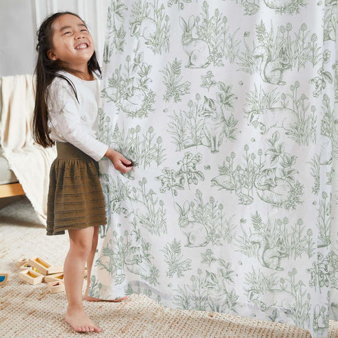 jinchan 84 inch Country Set 2 Linen Nursery Curtains Long Woodland Wildlife Sage Green Print Drapes for Kid's Room