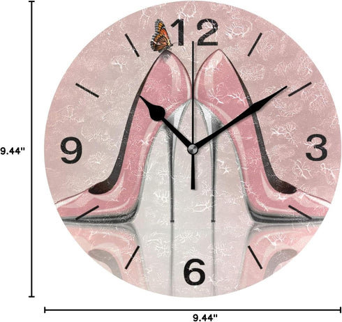 ALAZA Home Decor Butterfly High Heel Shoe Wall Clock, 9.5 inch Round Acrylic, Non Ticking Silent Clock