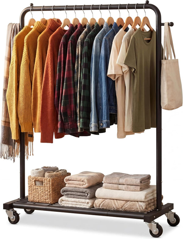Sywhitta Clothing Rack on Wheels with Mesh Storage Shelf & Sturdy Metal