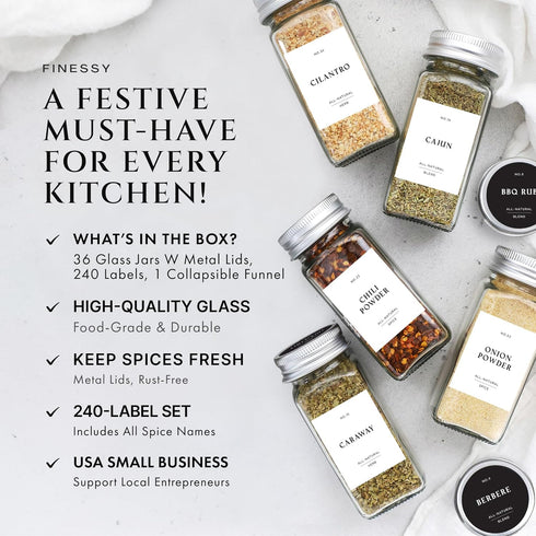 36 Pack Set, 4oz Glass Spice Jars with Labels with Metal Lids and Shakers Farmhouse Small Clear Empty Spice Bottles