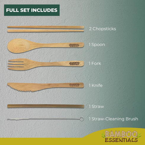 Travel Utensils Set with Case, Fork, Knife, Spoon, Chopsticks, Straw, Cleaning Brush, Pouch, Carabiner, 2 Sets