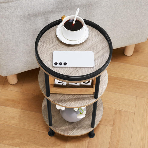 Small Round Side Table for Small Spaces - 3-Tier Modern Accent Table, Slim End Table for Living Room, Bedroom (Oak)