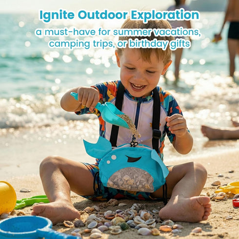 AMOR PRESENT Mesh Baby Beach Bag, Shell Collecting Bag with Shovel Crab-Shaped Adjustable Strap for Holding Shell Sea