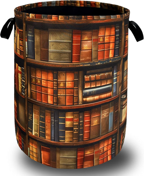 SELIONLIKN Retro Wooden Bookshelf Pattern Laundry Hamper Books Laundry Basket With Handles Foldable