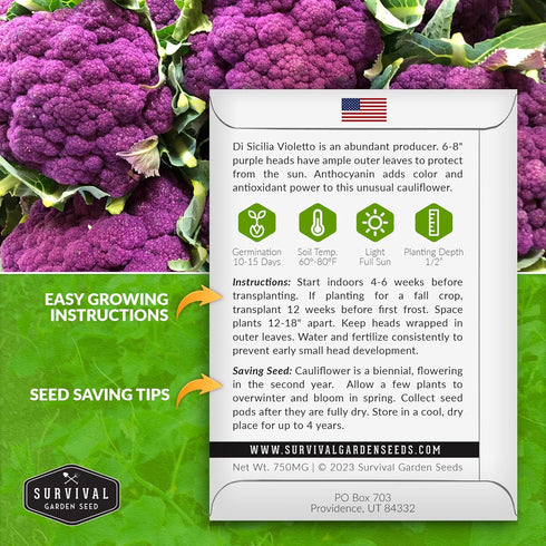 (1 Pack) Purple Cauliflower Seeds for Planting Violetto di Sicilia Heirloom Italian Cauliflower Variety Producing Deep
