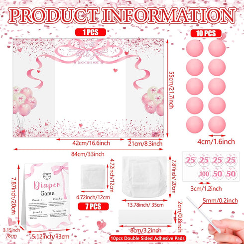 31 1 7 10 1 Ctosree Pcs Pink Bow Baby Shower Diaper Game Diaper Baby Shower Game Board Diapers Plastic Balls Organza