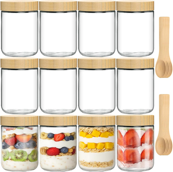TBWIND 12 Pack 16oz Glass Jars with Bamboo Lids, Spoons, Airtight Overnight