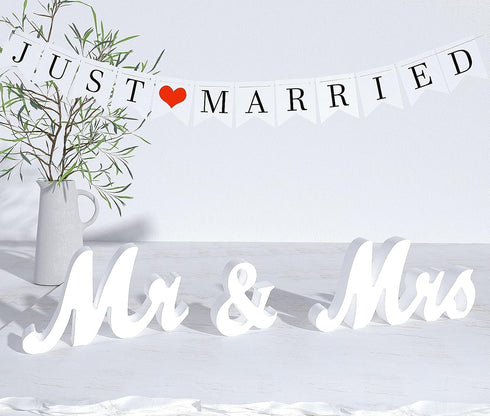 VIOPVERY Large White Mr and Mrs Sign for Wedding Table, Wooden Letters with Just Married Banner