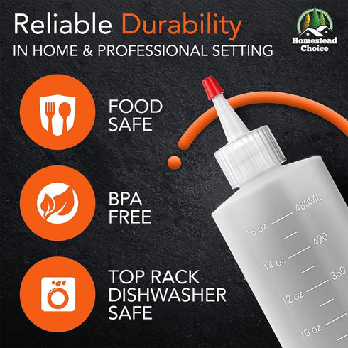 7-Pack Plastic Squeeze Bottles for Sauces, 16oz, BPA Free, with Cap