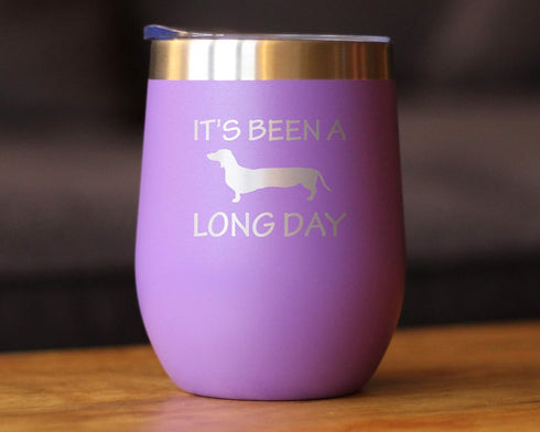 Been a Long Day Dachshund Wine Tumbler with Sliding Lid - Stemless Stainless Steel Insulated Cup, Purple