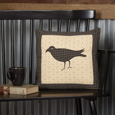 VHC Brands Kettle Grove Pillow Crow 16x16 Country Primitive Bedding Accessory, Black and Creme