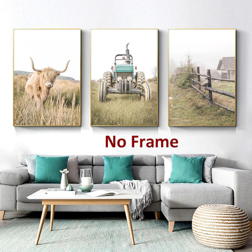 Farmhouse Scenery Pictures, Rustic Cow Wall Art, Vintage Farm Landscape Painting for Living Room