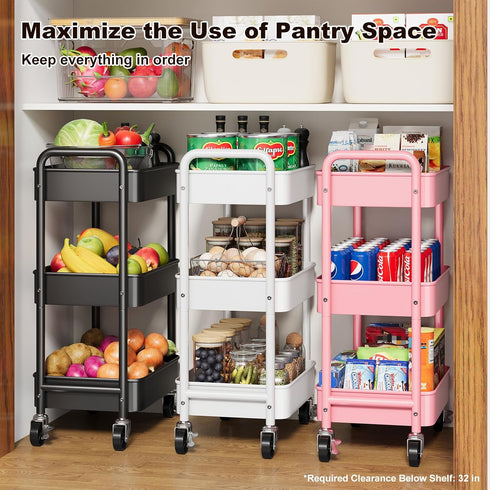 Aofure 3 Tier Rolling Cart on Wheels, Metal Utility Storage Cart with Wheels, Three Tiered Craft Carts Organizer