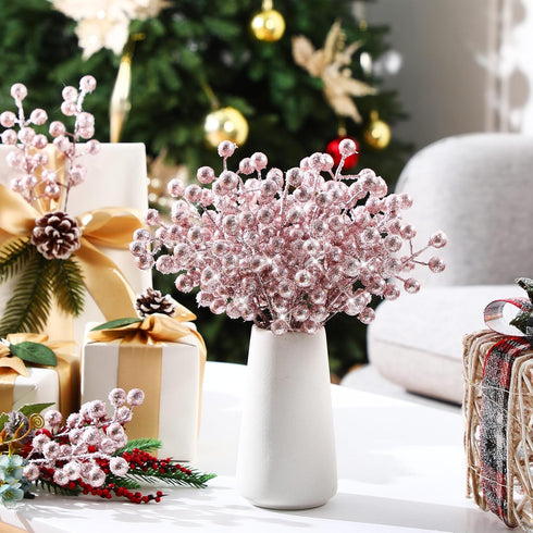 30 Geosar Pieces Artificial Christmas Berry Picks with Snowflake Glitter Artificial Holly Berry Stems for Christmas