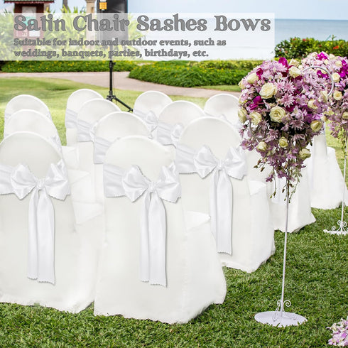 Eychei 7x108 Inch (12 White Satin Chair Sashes Bows, Bow Ties Back Silky Dining Sashes Ribbon for Wedding, Party