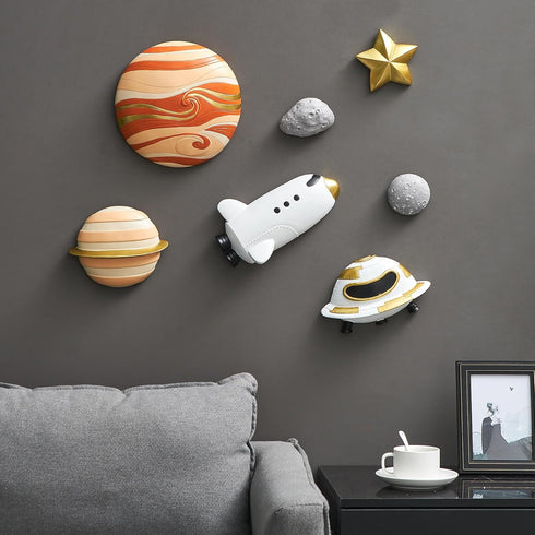 3Pcs 3D FJS Rocket Spaceship Outer Space Wall Decor, Cute Wall Sculptures for Boys Room Decor, Astronaut Galaxy Nursery