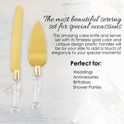 Wedding Cake Knife and Server Set Gold, Cake Cutter and Pie Spatula, Cake Server and Knife Set of 2 with Crystal Handles, 1.2mm Thick Blades, Cutting Set for Wedding Cake, Birthdays, and Parties by Homi styles