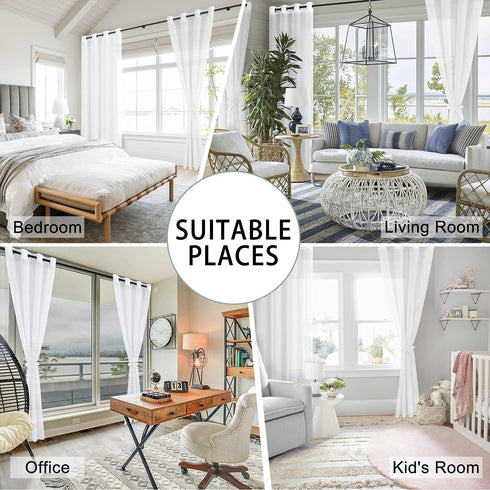 Hiasan Sheer Curtains for Bedroom, Light Filtering Voile Drapes with Tiebacks, Grommet Window Curtains, Off White, 2
