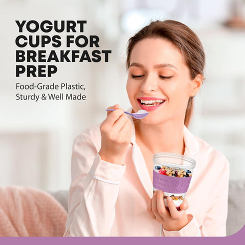 4 Pack 20oz Tribello - On the Go Yogurt Parfait Cups with Lids, Topping Compartment & Spoon, Yogurt/Parfait Cups