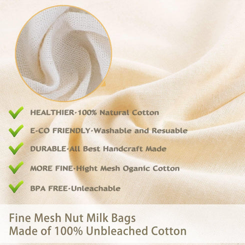 Nut Milk Bag Cloth Strainer, 3 Pack Organic Reusable Kitchen Fine Mesh Cheesecloth for Juicing