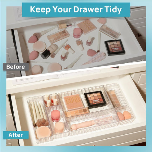 Vtopmart 7 PCS Clear Drawer Organizers, 4-Size Stackable Makeup and Vanity Drawer Organizer Trays