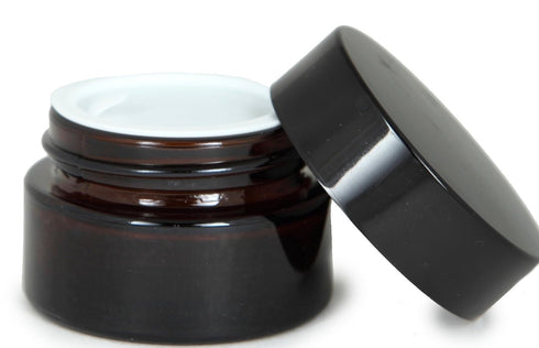 Vivaplex 12 Amber Round Glass Jars, 15 ml with Inner Liners and Black Lids