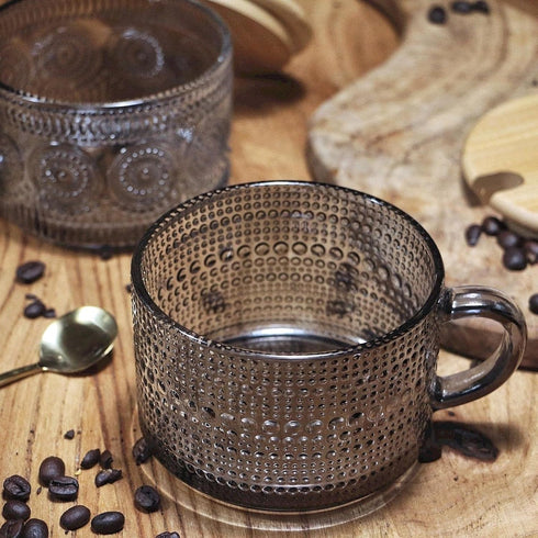 14 Oz Set 2 Vintage Glass Coffee Mugs, of Embossed Glassware Tea Cups for Breakfast, Dessert, Cappuccino, Latte