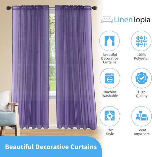 LinenTopia Window Sheer Curtains, 2 Panels, 54" x 84", Light Filtering Drapes for Living Room, Bedroom, Kitchen, Purple