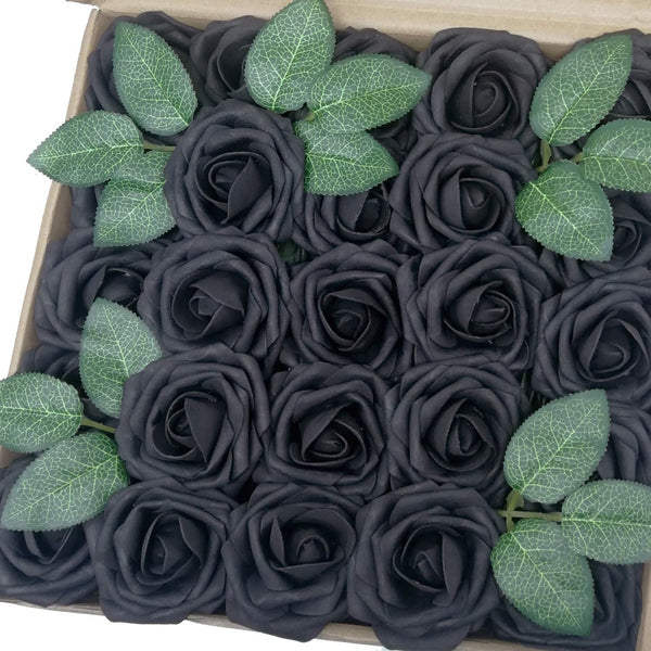 Artificial Flowers - 50PCS Real Looking Black Fake Roses with Stem for DIY Wedding Bouquets, Home Decorations