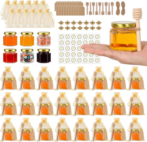 EkkoVla 30 Pack 2 oz Hexagon Mini Glass Honey Jars, Small Honey