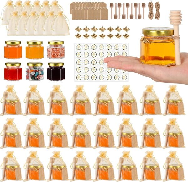 EkkoVla 30 Pack 2 oz Hexagon Mini Glass Honey Jars, Small Honey