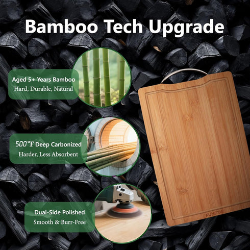 Bamboo Cutting Board, Wooden Cutting Boards for Kitchen with Double Sided Deep Juice Grooves & Wide Handle, Ideal