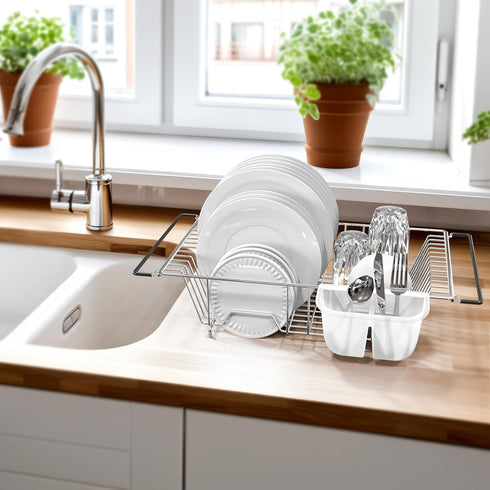 SIMPLE HOUSEWARE Large Stainless Steel Dish Drainer Drying Rack with Utensil Holder, Chrome