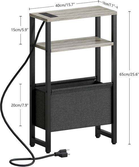 3 LET503QE Narrow Side Table with Charging Station Slim End Table Sofa with Magazine Rack, Bedside Table for Small