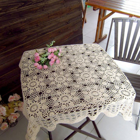 Hsvanyr 39inches Beige Tablecloth, Handmade Crochet Cotton Square Coffee Table Cover