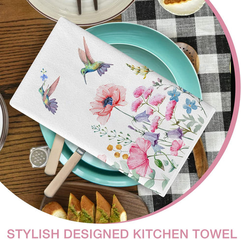 Summer Hummingbird Set 2, 18 26 Inch Seliem Anemone Flower Kitchen Dish Towel of Wild Floral Ultra Absorbent Hand