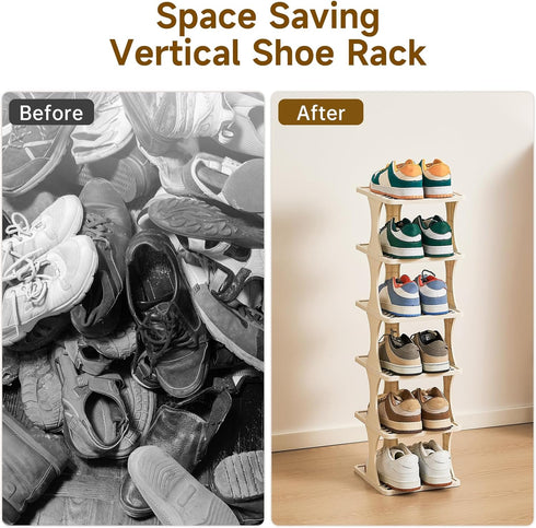 6 Closet, Vertical Shoe Rack Tier, Narrow Free Standing Shoe Organizer for Entryway & Bedroom, Tall Plastic Narrow Shoe