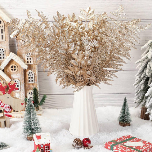 Moucuny 40 Set Pcs Christmas Glitter Artificial Picks Leaf Sprays Cedar Picks Glitter Berries Stems Tropical Leaf Pine