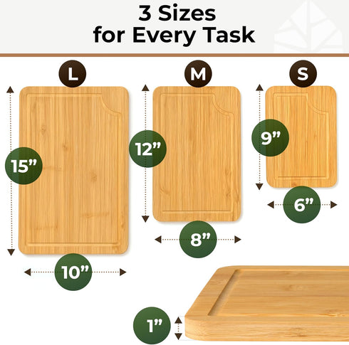 Set 3 Set of Bamboo Cutting Boards for Kitchen - Thick & Durable Wood Cutting Boards with Deep Juice Grooves & Build