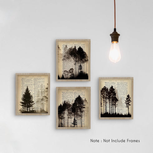 HRQKO Vintage Forest Wall Art: Set of 4 Black Landscape Prints for Farmhouse Living Room