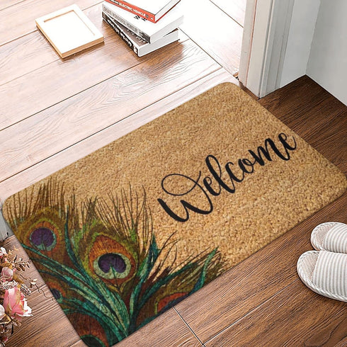Welcome Peacock Feather Doormat - Nature Welcome Rug, Non-Slip Mat for Front Door Outdoor Entry, Housewarming Gift,