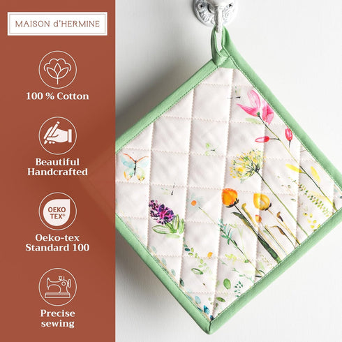 Maison d' Hermine Pot Holders Set, 100% Cotton Heat Resistant Potholders, 8" x 8", Pack of 2, Botanical Fresh