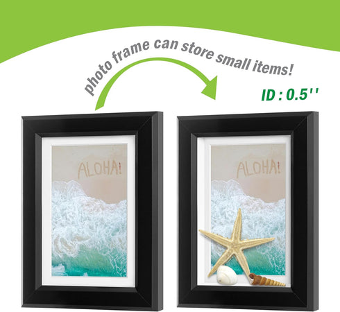 FrameWorks 2-Pack Black Wooden Shadow Box Picture Frames, 4” x 6” with Removable White Mat for Photos