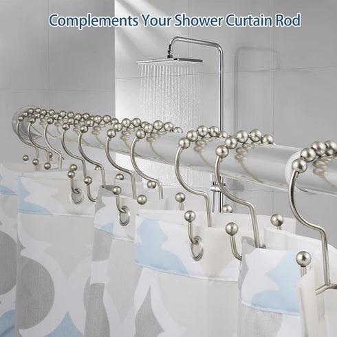 DAWNER Shower Curtain Hooks, Set of 12, Rust Proof Metal Easy Glide Double Rings, Brushed Nickel