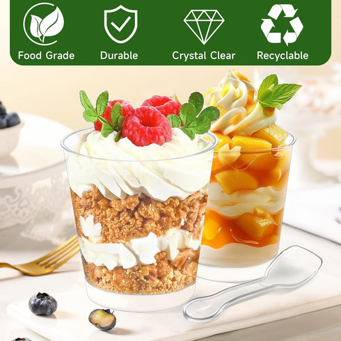 300 Pack 6 oz 100 OTOB Dessert Cups with Lids and Spoons | Serves | Round Small Yogurt Parfait Cups for Appetizers