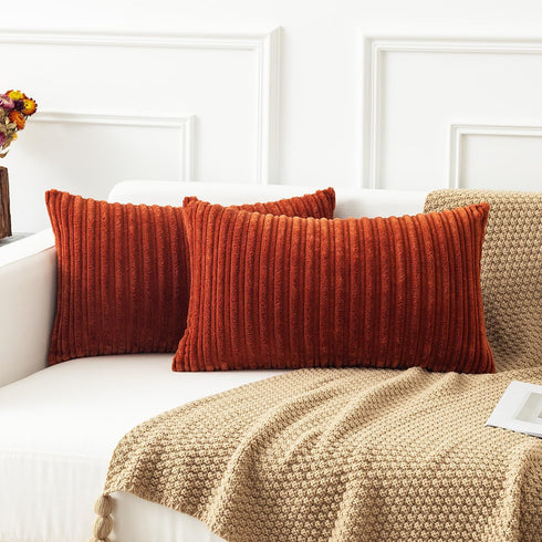 Kevin Textile Fall Lumbar Pillow Covers, Solid Striped Velvet Corduroy Cushion Cover, 12 x 20, 2 Pack, Burnt Brick