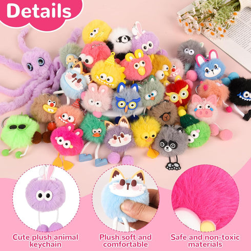 LiYiQ 30 Pcs Cute Plush Keychains Kawaii Keychain Bulk for Birthday Goodie Bags Pinata Toys Classroom Prizes Party